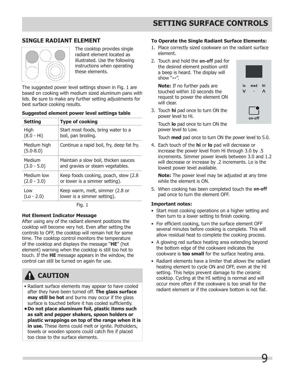 Setting surface controls, Caution | FRIGIDAIRE FGEF308TNF User Manual | Page 9 / 40