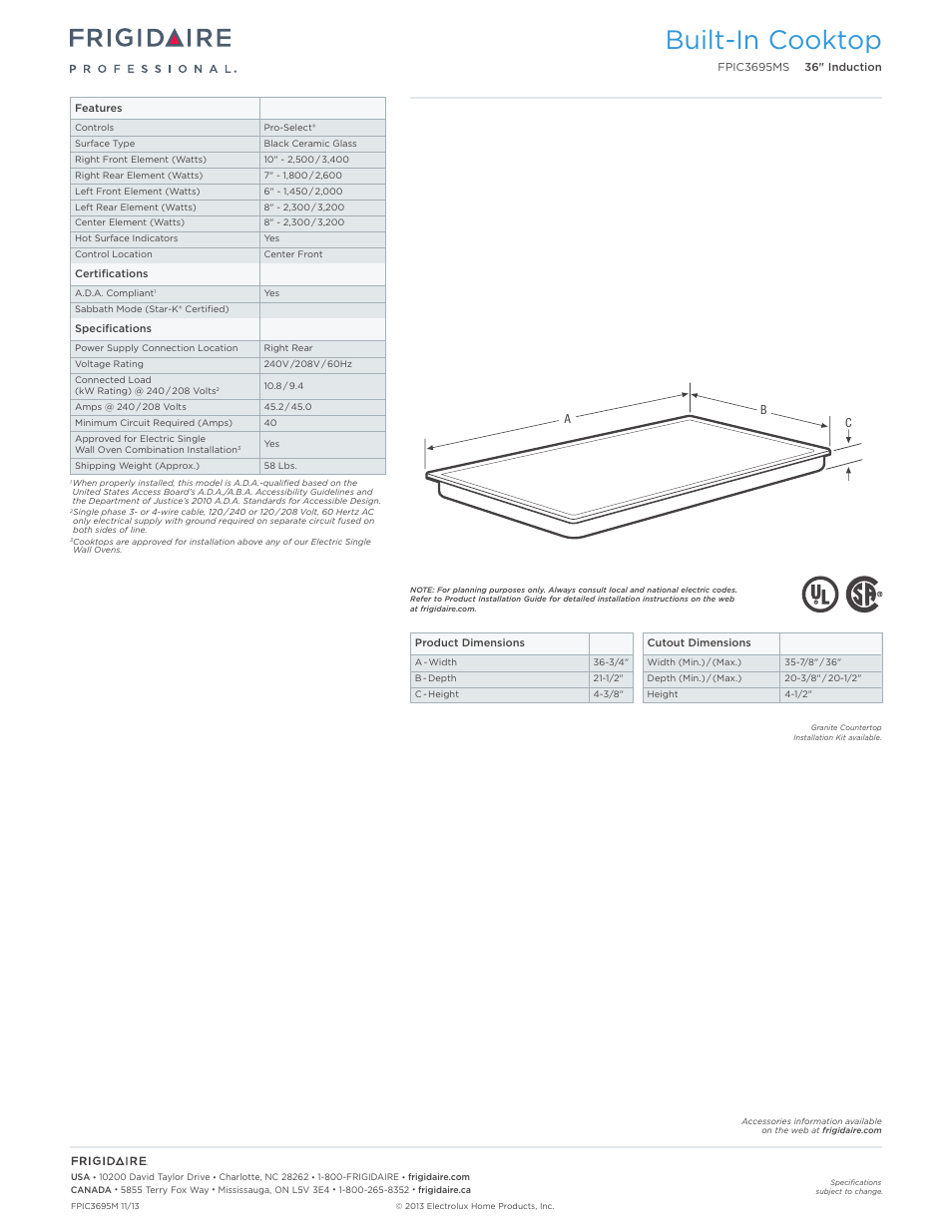 Drop-in electric cooktops frigidaire baseline, Built-in cooktop | FRIGIDAIRE FPIC3695MS User Manual | Page 2 / 5