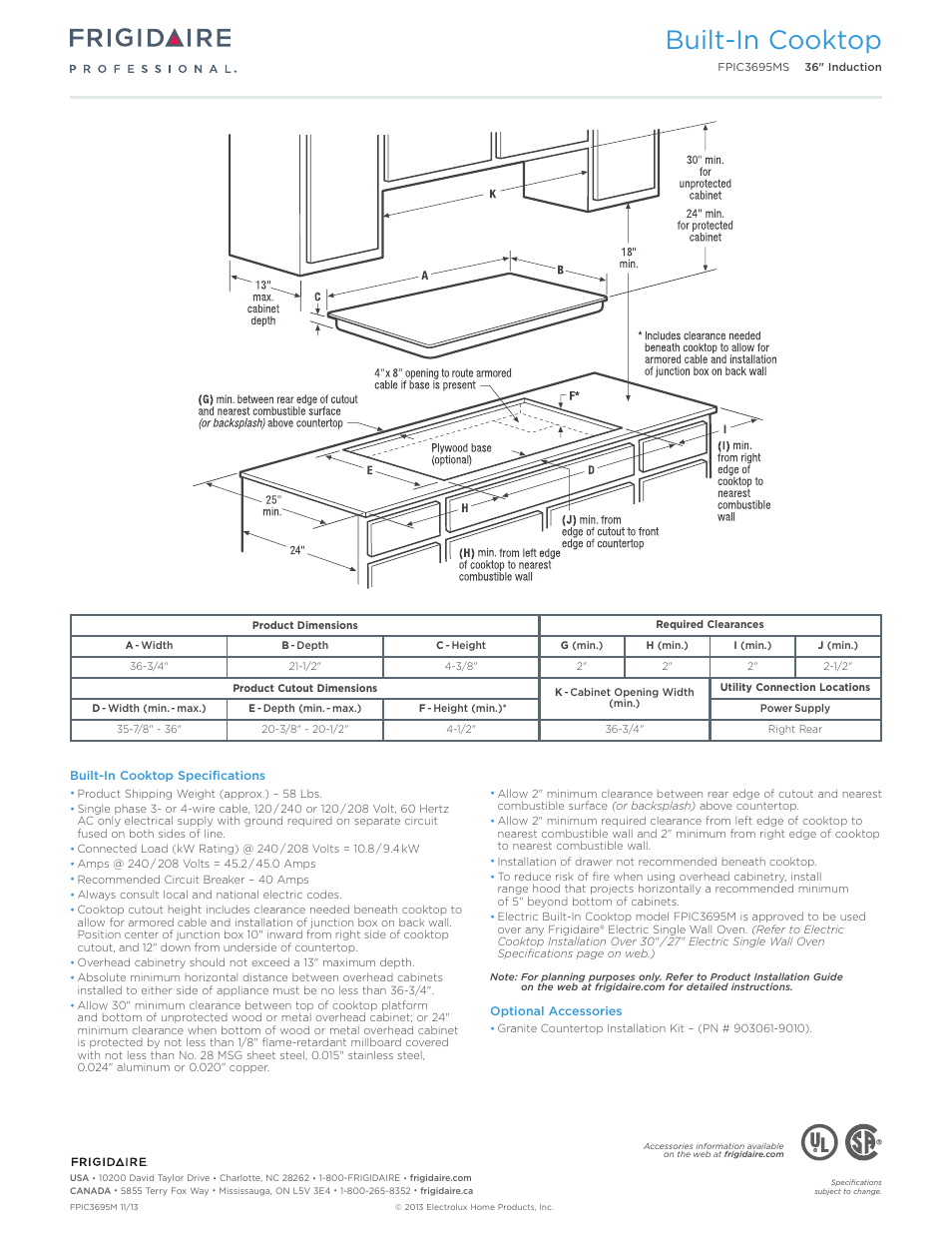 Drop-in induction / electric cooktops, Professional / gallery / baseline, Built-in cooktop | Callouts must be charted per individual model) | FRIGIDAIRE FPIC3695MS User Manual | Page 3 / 5