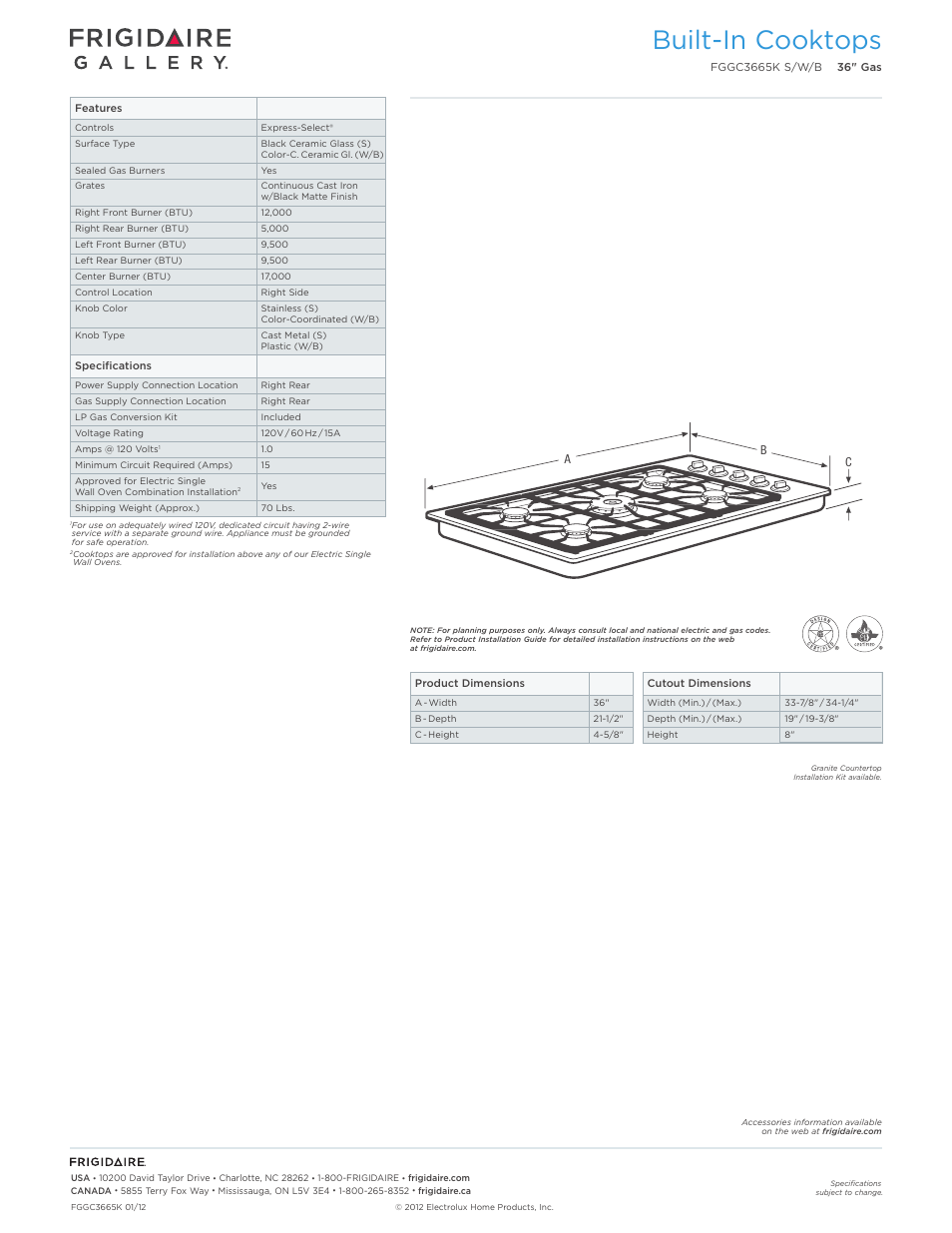 Drop-in gas cooktops frigidaire baseline, Built-in cooktops | FRIGIDAIRE FGGC3665KS User Manual | Page 2 / 5