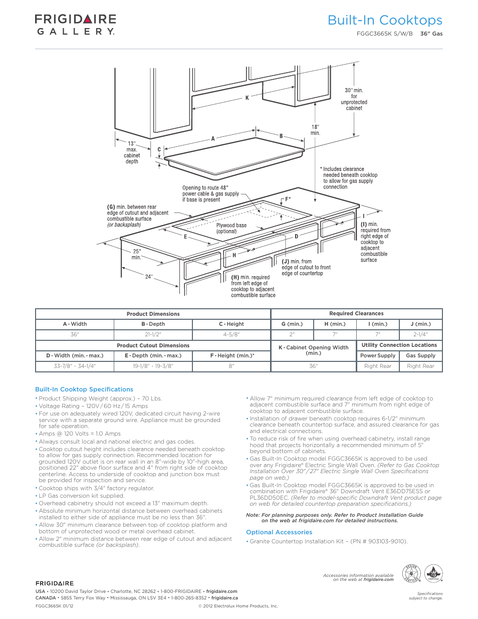Drop-in gas cooktops (version 2), Professional / gallery / baseline, Built-in cooktops | Callouts must be charted per individual model) | FRIGIDAIRE FGGC3665KS User Manual | Page 3 / 5