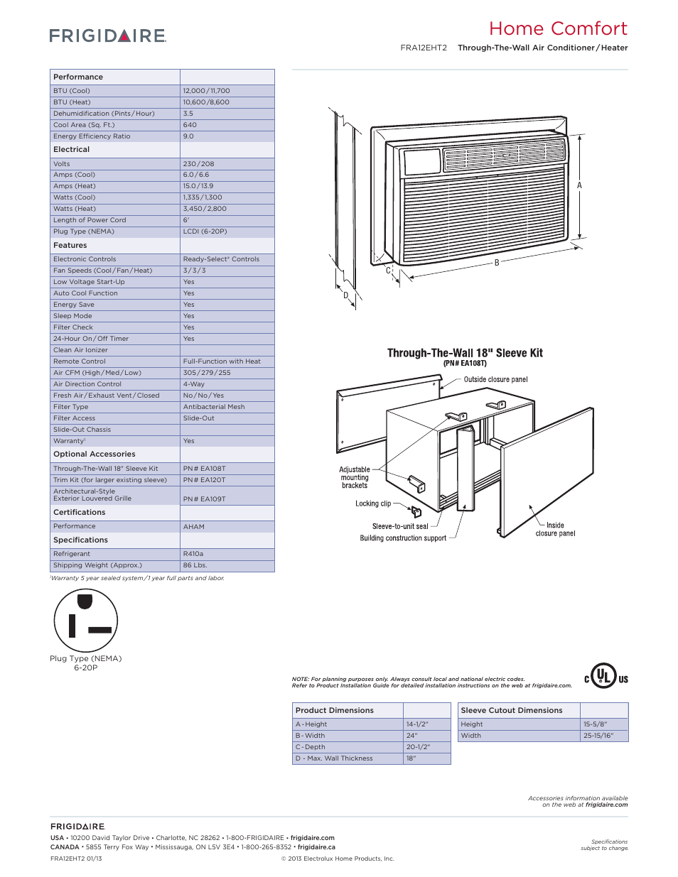 Rac through-the-wall models frigidaire baseline, Home comfort | FRIGIDAIRE FRA12EHT2 User Manual | Page 2 / 3