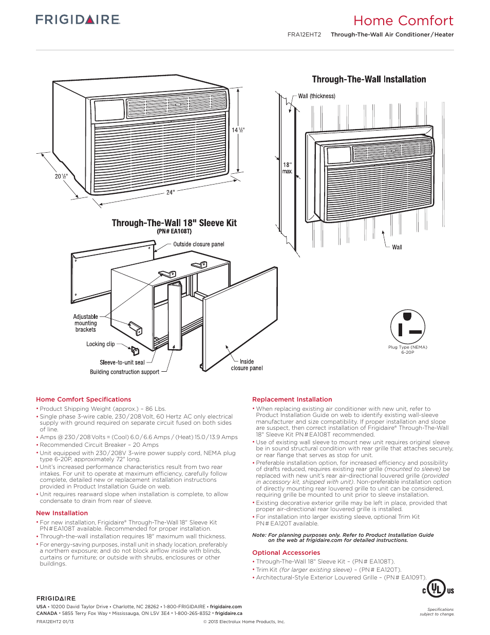 Rac through-the-wall models frigidaire baseline, Home comfort | FRIGIDAIRE FRA12EHT2 User Manual | Page 3 / 3