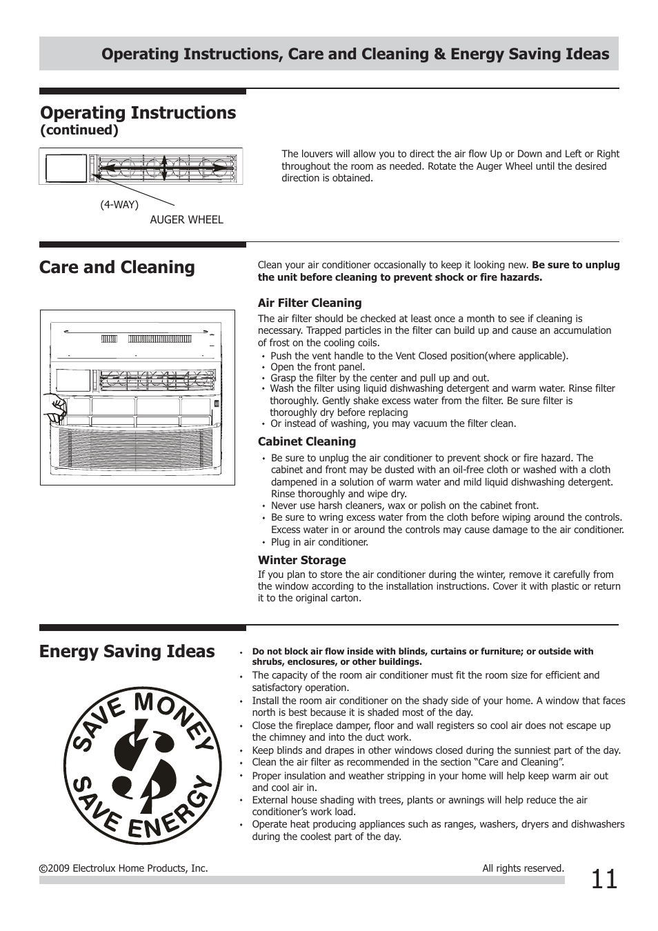 Energy saving ideas, Care and cleaning, Operating instructions | FRIGIDAIRE FRA064ZU1 User Manual | Page 11 / 13