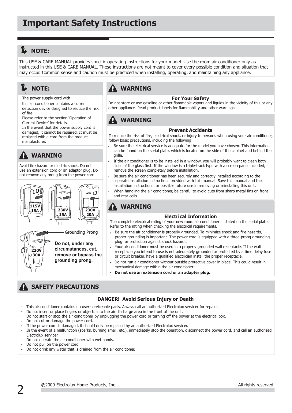 Important safety instructions, Warning, Safety precautions | FRIGIDAIRE FRA064ZU1 User Manual | Page 2 / 13