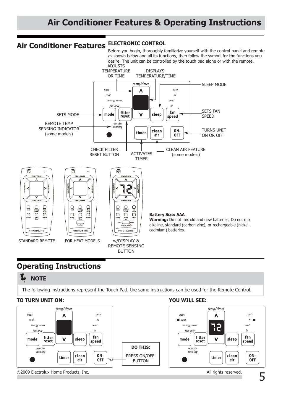 Air conditioner features & operating instructions, Air conditioner features, Operating instructions | FRIGIDAIRE FRA064ZU1 User Manual | Page 5 / 13