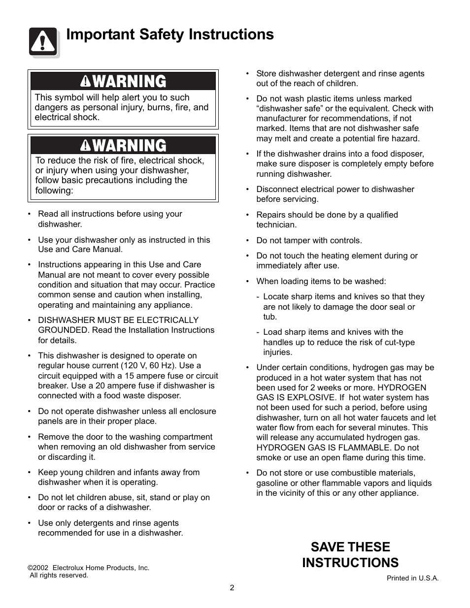 Important safety instructions, Save these instructions | FRIGIDAIRE FBD2400KQ User Manual | Page 2 / 12