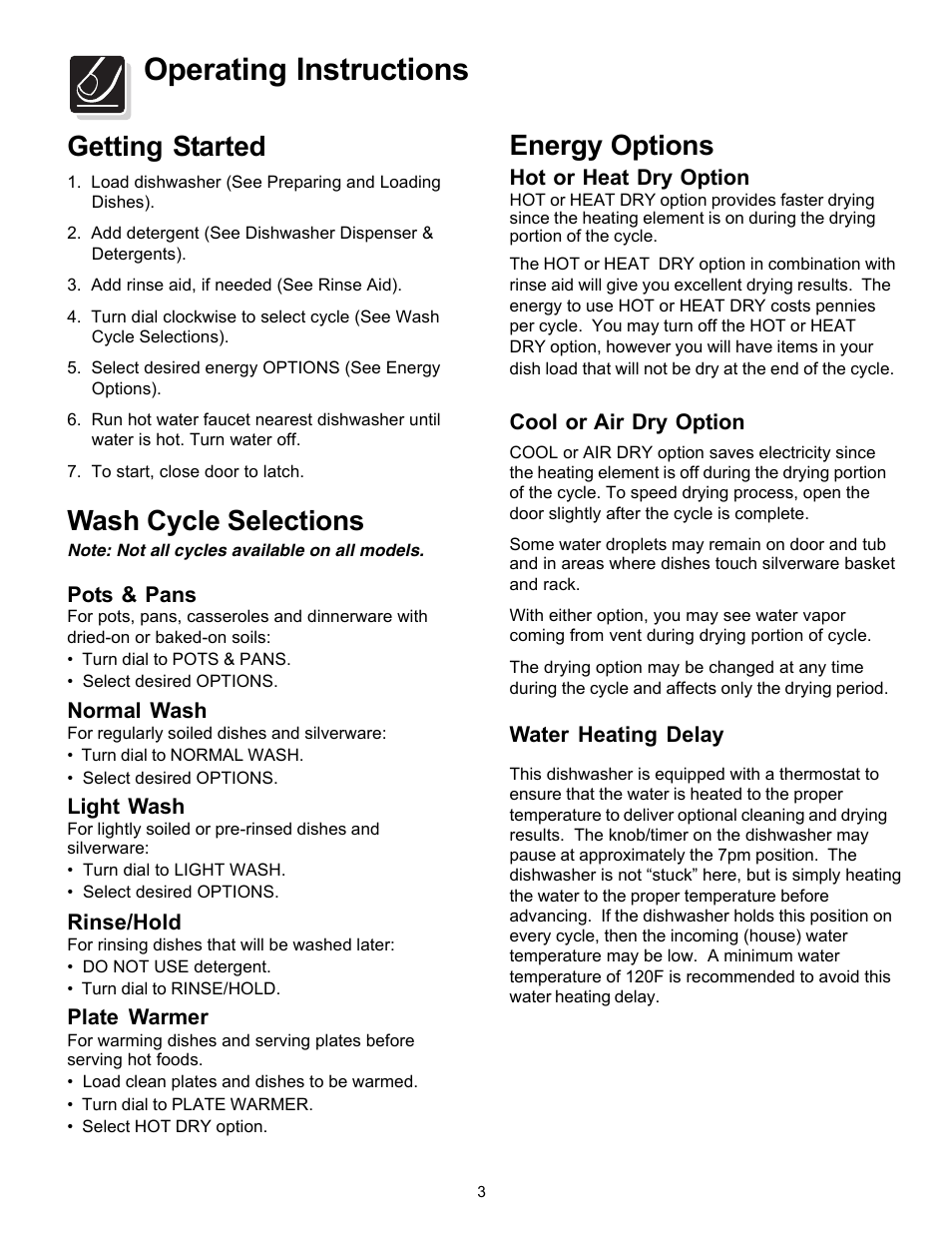 Operating instructions, Getting started, Wash cycle selections | Energy options | FRIGIDAIRE FBD2400KQ User Manual | Page 3 / 12