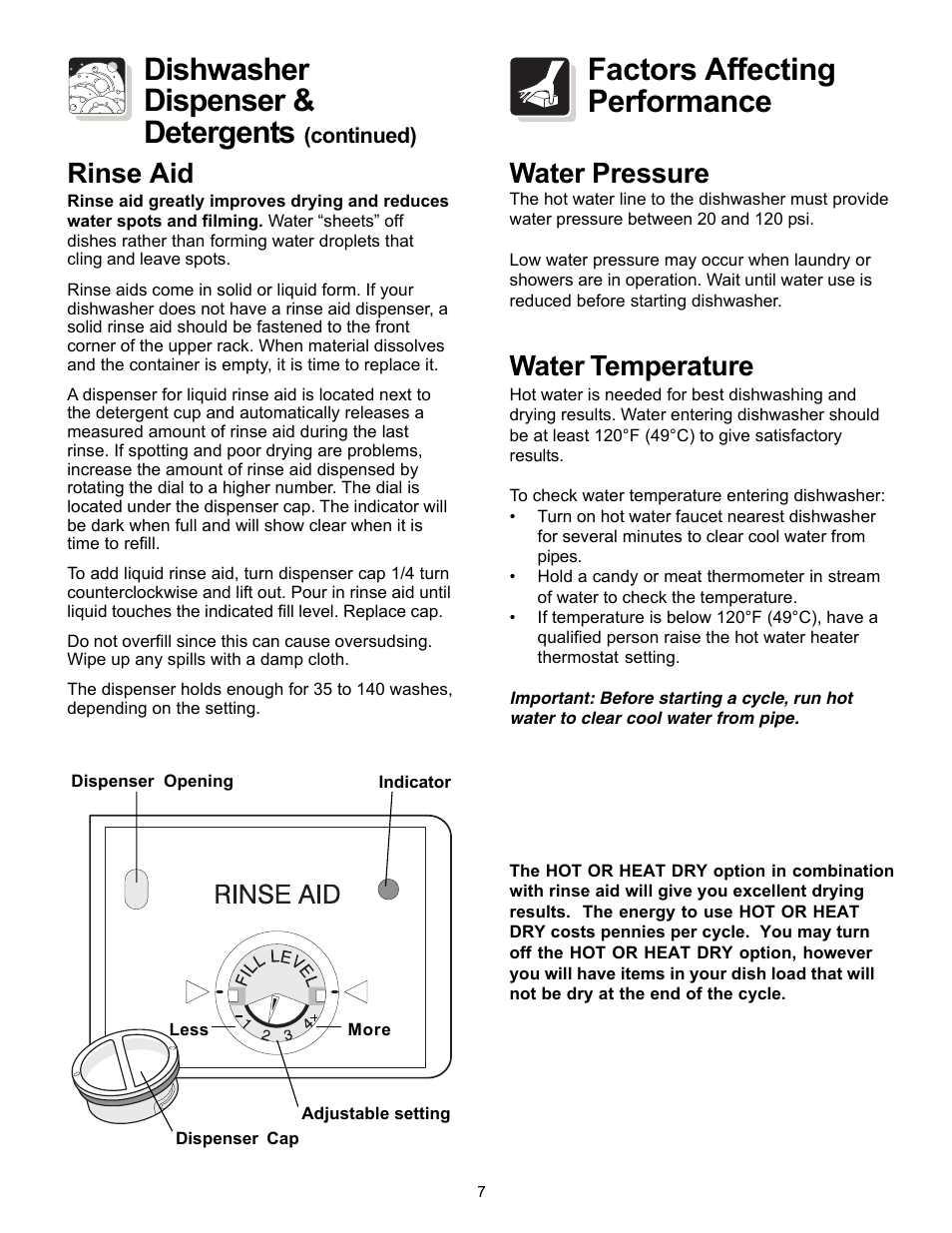 Dishwasher dispenser & detergents, Factors affecting performance, Rinse aid | Water pressure, Water temperature | FRIGIDAIRE FBD2400KQ User Manual | Page 7 / 12