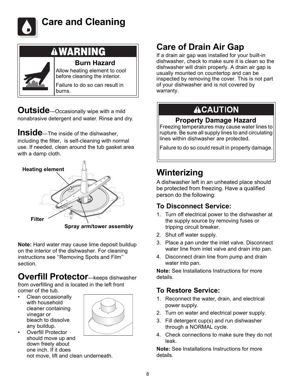 Care and cleaning, Outside, Inside | Care of drain air gap, Overfill protector, Winterizing | FRIGIDAIRE FBD2400KQ User Manual | Page 8 / 12