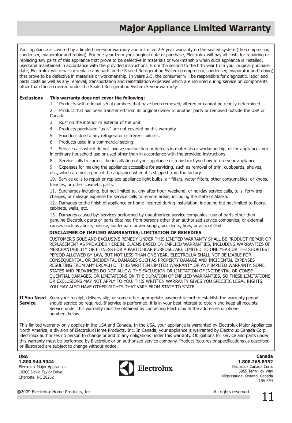 Major appliance limited warranty | FRIGIDAIRE FAD954DWD User Manual | Page 11 / 11