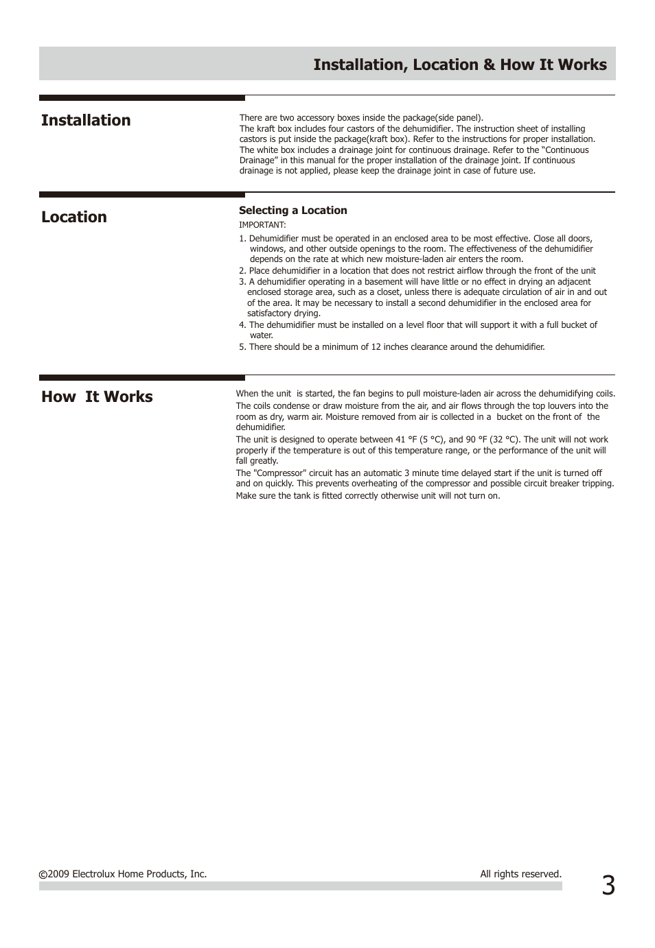 Installation, location & how it works, How it works, Location installation | FRIGIDAIRE FAD954DWD User Manual | Page 3 / 11