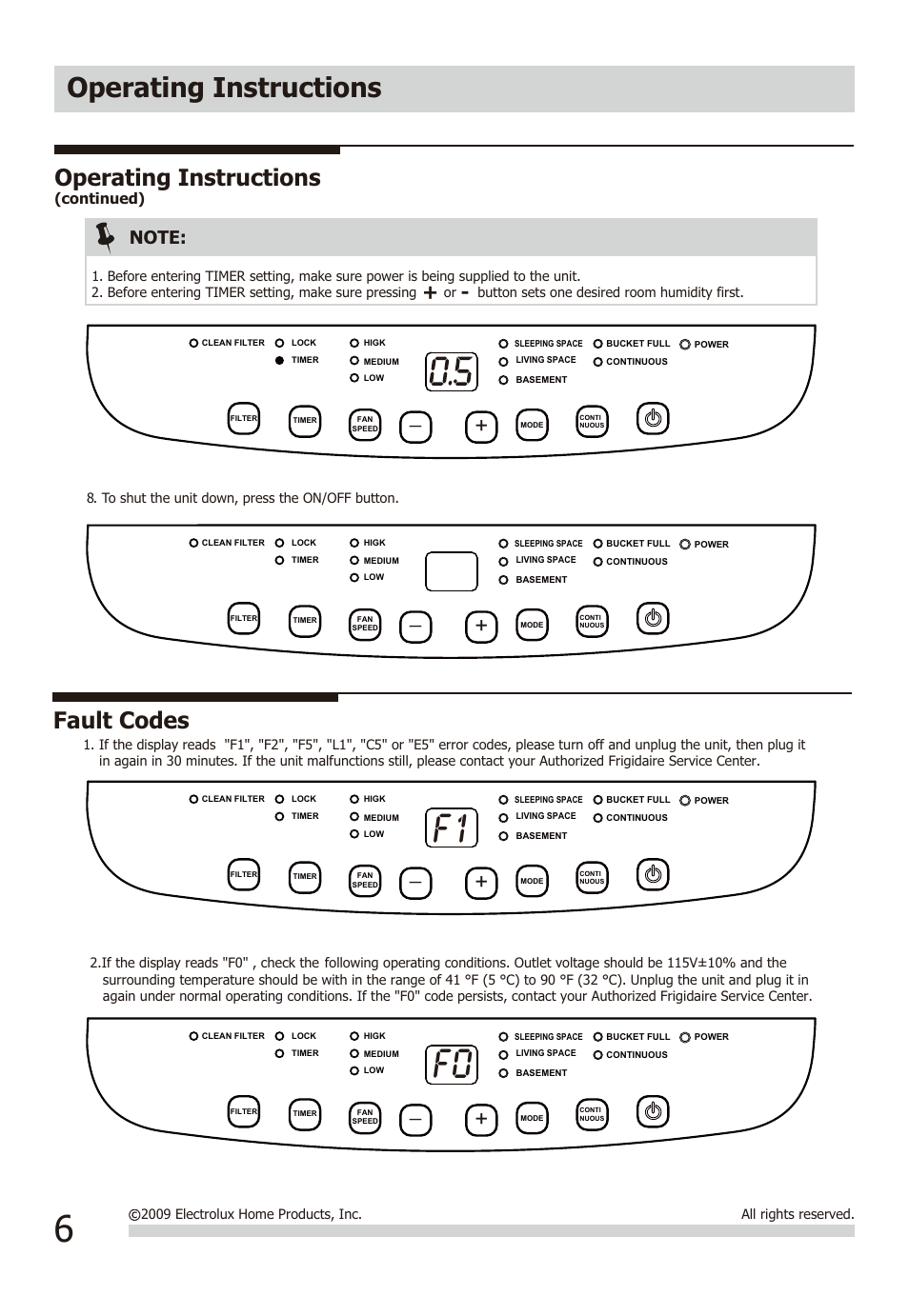 F1 f0, Operating instructions, Fault codes | Continued) | FRIGIDAIRE FAD954DWD User Manual | Page 6 / 11