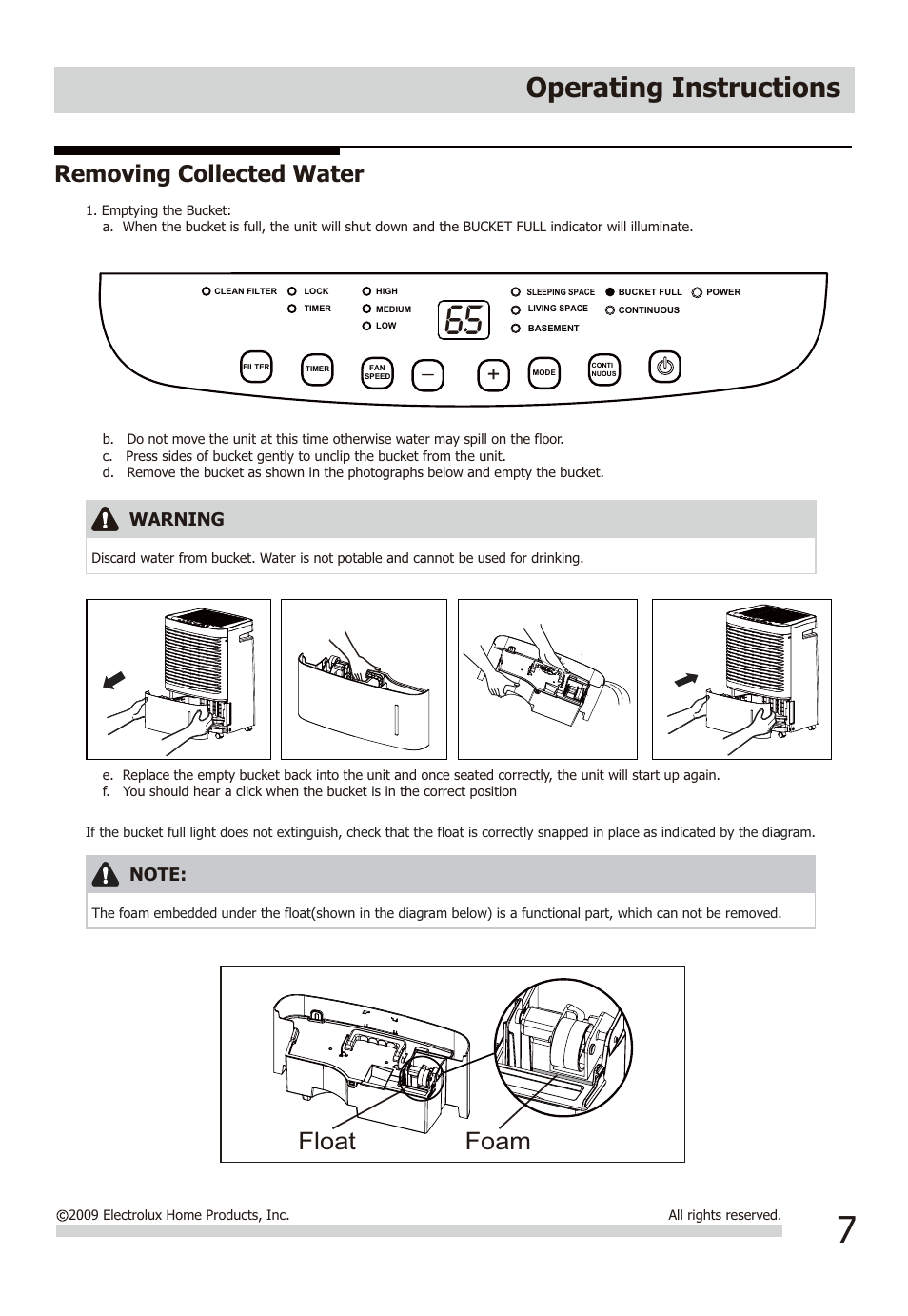 Operating instructions, Float foam, Removing collected water | Warning | FRIGIDAIRE FAD954DWD User Manual | Page 7 / 11
