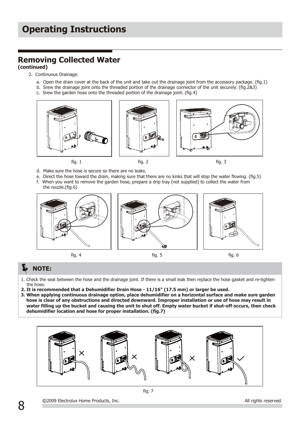 Operating instructions, Removing collected water | FRIGIDAIRE FAD954DWD User Manual | Page 8 / 11
