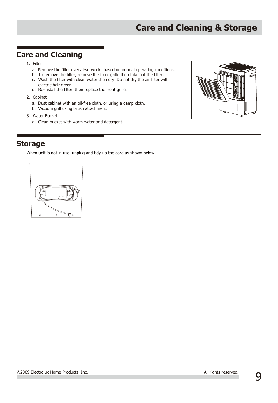 Care and cleaning & storage, Care and cleaning, Storage | FRIGIDAIRE FAD954DWD User Manual | Page 9 / 11