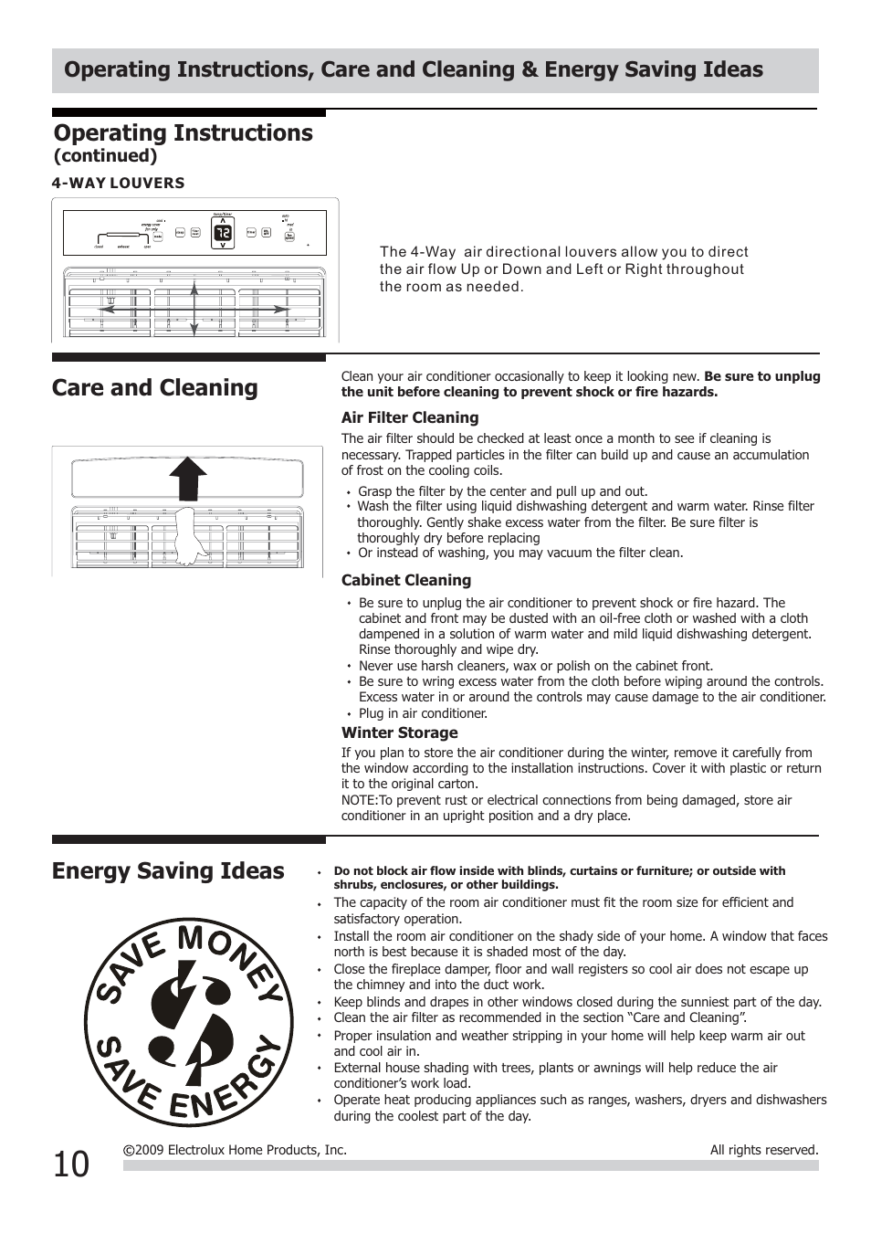Energy saving ideas, Care and cleaning, Operating instructions | FRIGIDAIRE FRA084KT7 User Manual | Page 10 / 12