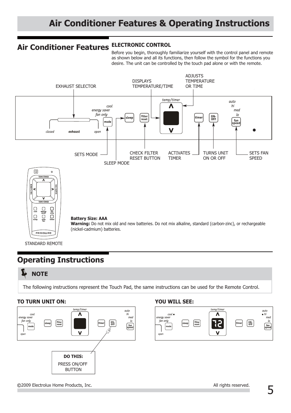 Air conditioner features & operating instructions, Air conditioner features, Operating instructions | FRIGIDAIRE FRA084KT7 User Manual | Page 5 / 12