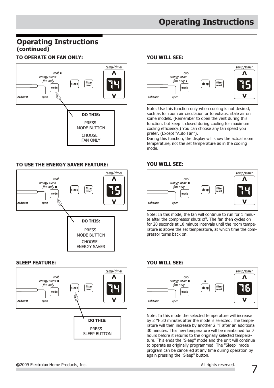 Operating instructions | FRIGIDAIRE FRA084KT7 User Manual | Page 7 / 12