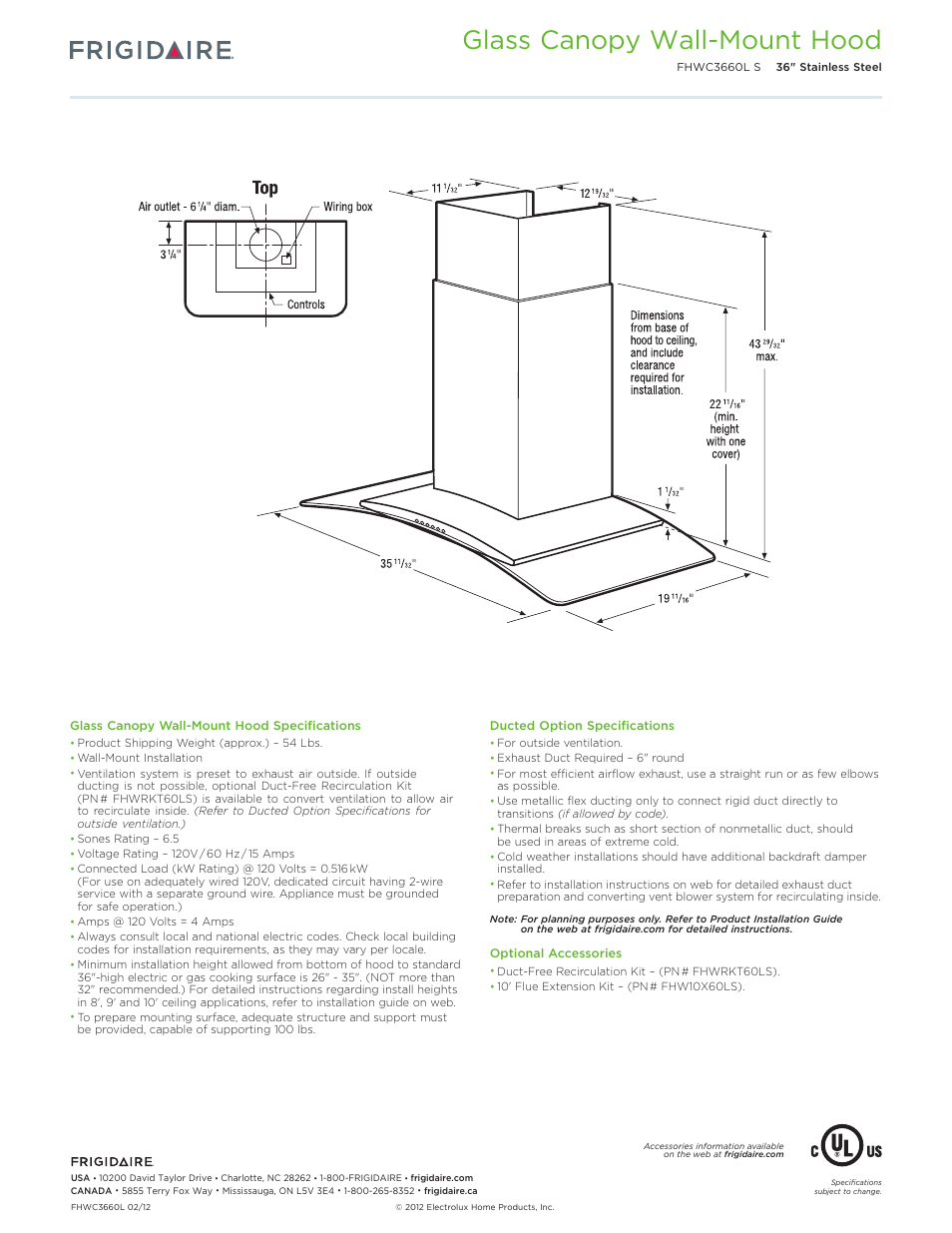 Wm vent hood fhwc3660ls, Glass canopy wall-mount hood | FRIGIDAIRE FHWC3660LS User Manual | Page 2 / 5