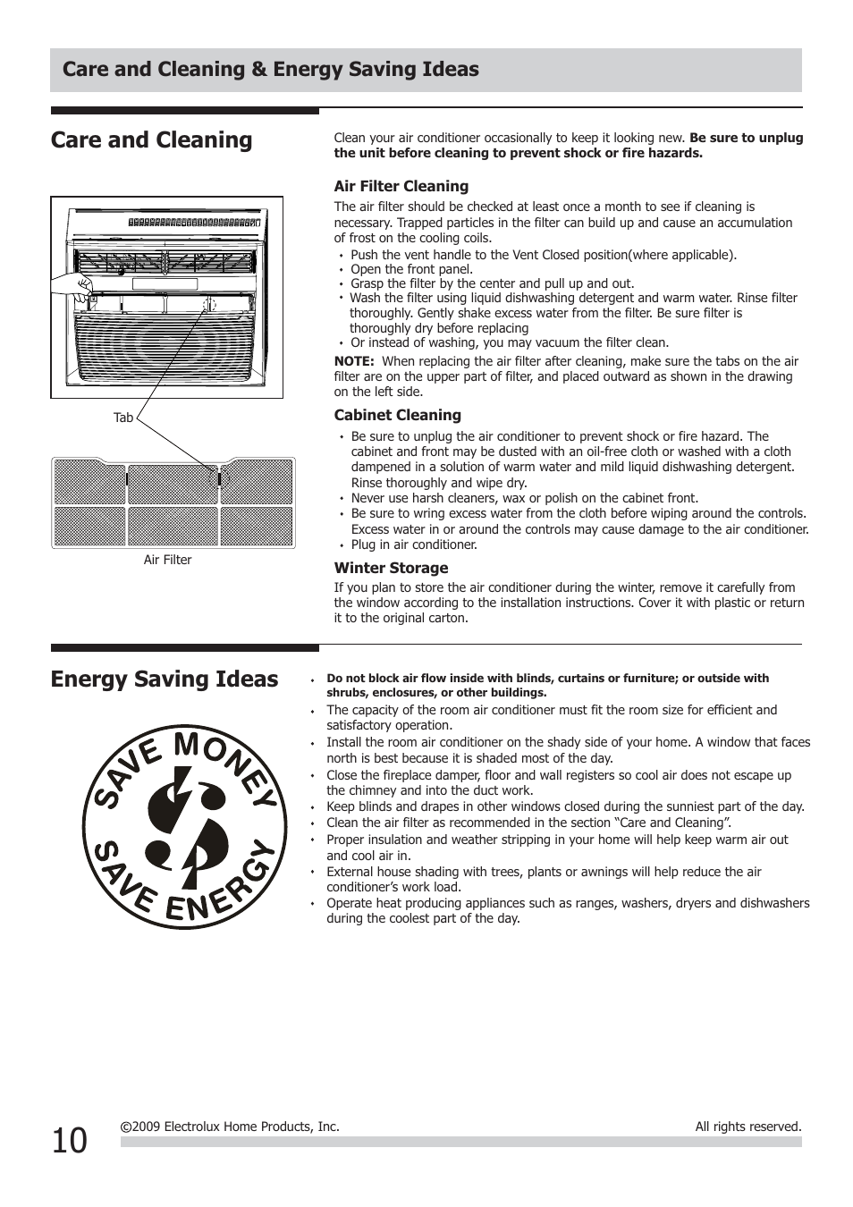 Energy saving ideas, Care and cleaning, Care and cleaning & energy saving ideas | FRIGIDAIRE FRA083AT7 User Manual | Page 10 / 12