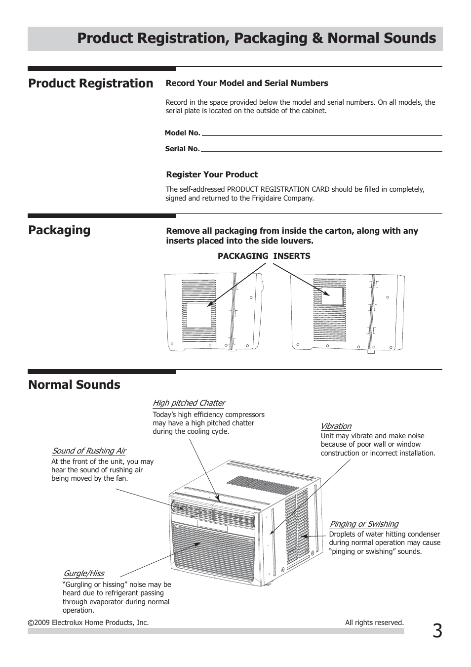 Product registration, packaging & normal sounds, Normal sounds, Product registration | Packaging | FRIGIDAIRE FRA083AT7 User Manual | Page 3 / 12