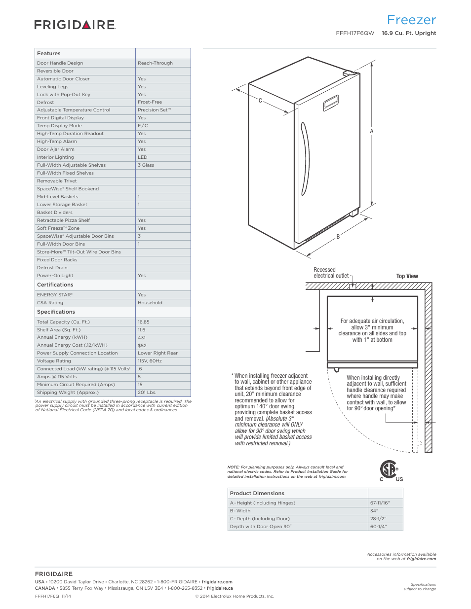 Upright freezers frigidaire gallery, Freezer | FRIGIDAIRE FFFH17F6QW User Manual | Page 2 / 3