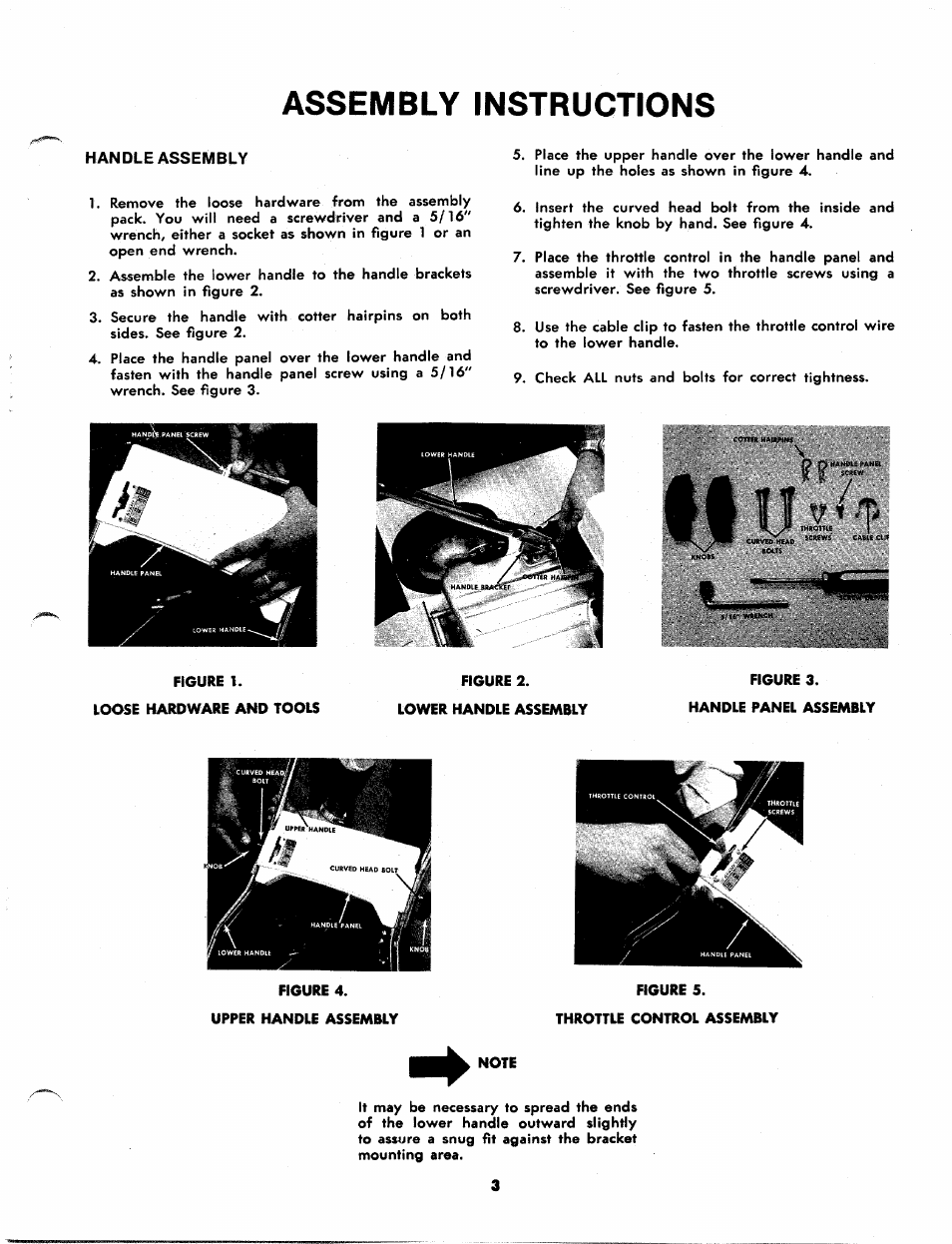 Assembly instructtons, Handleassembly, Loose hardware and tools | Lower handle assembly, Handle panel assembly, Upper handle assembly, Note | Bolens 117-670-300 User Manual | Page 3 / 12