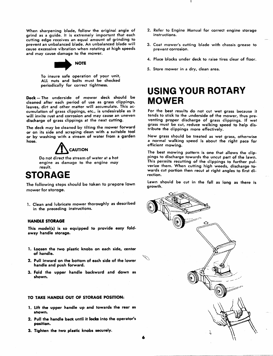 Note, Caution, Storage | Handle storage, To take handle out of storage position, Using your rotary mower | Bolens 117-670-300 User Manual | Page 6 / 12