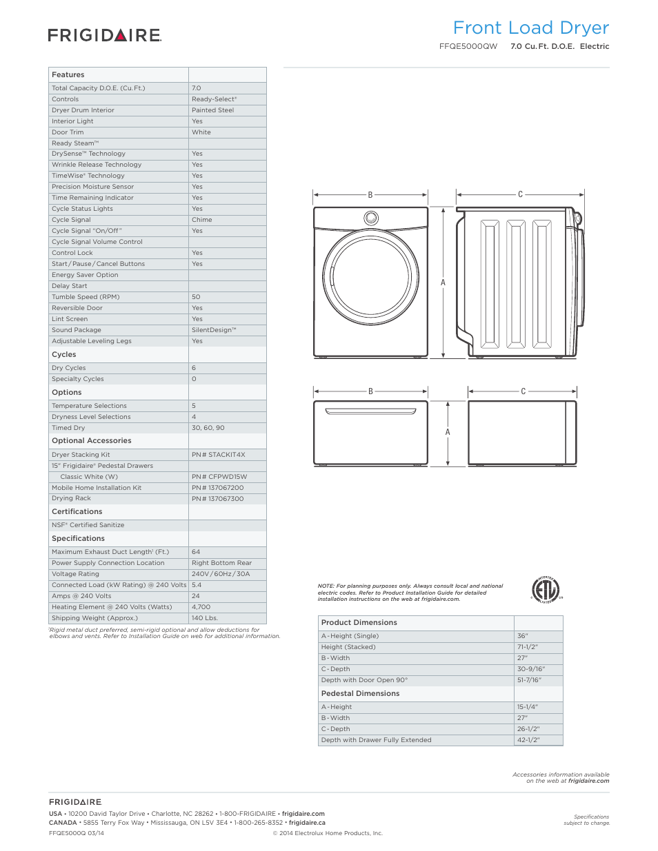 Front load dryer | FRIGIDAIRE FFQE5000QW User Manual | Page 2 / 3