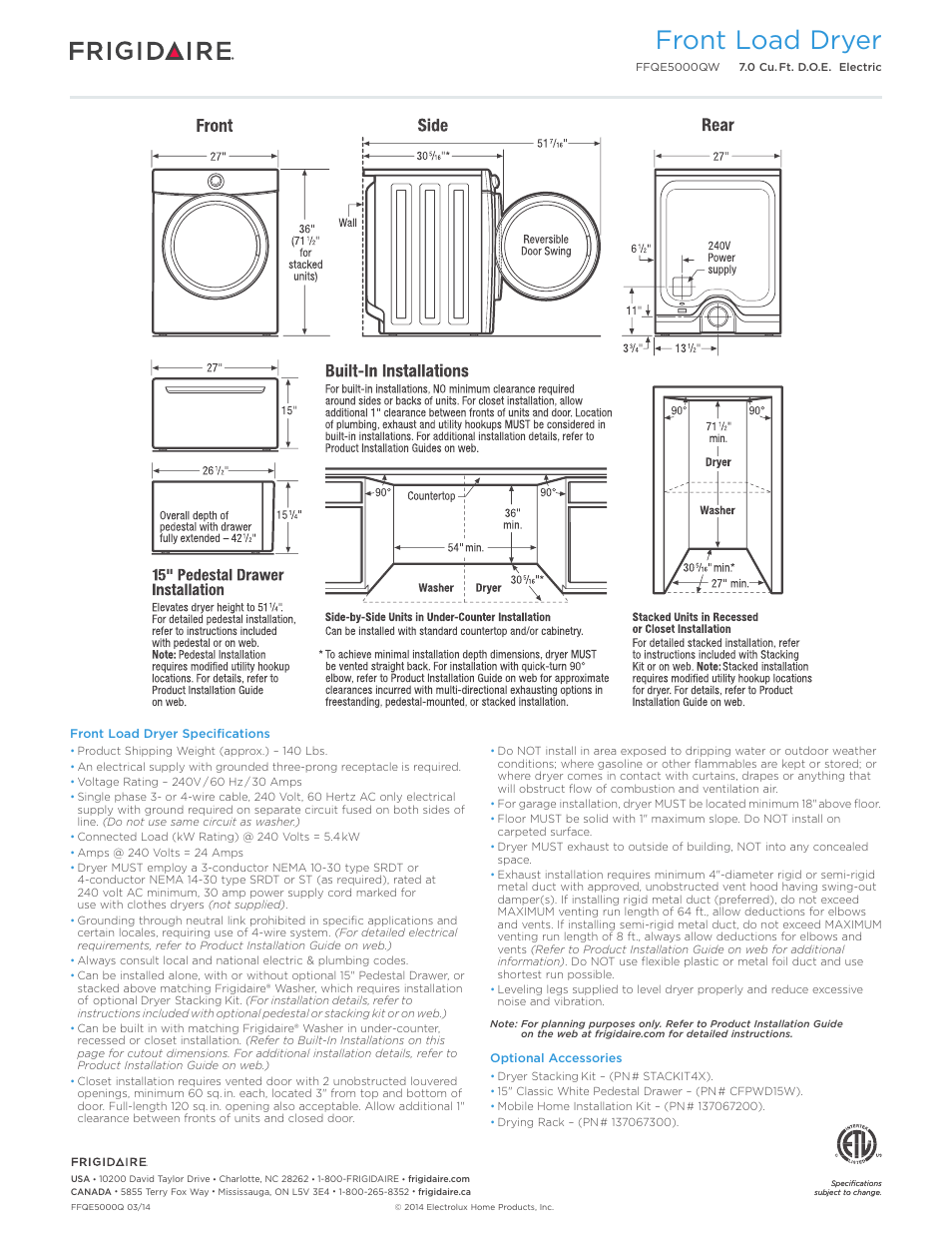 Front load dryer | FRIGIDAIRE FFQE5000QW User Manual | Page 3 / 3