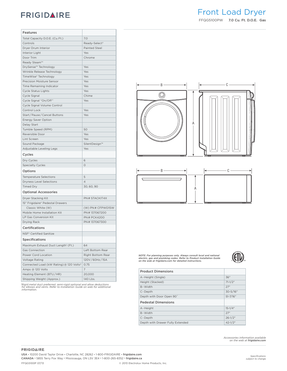 Front load dryer | FRIGIDAIRE FFQG5100PW User Manual | Page 2 / 3