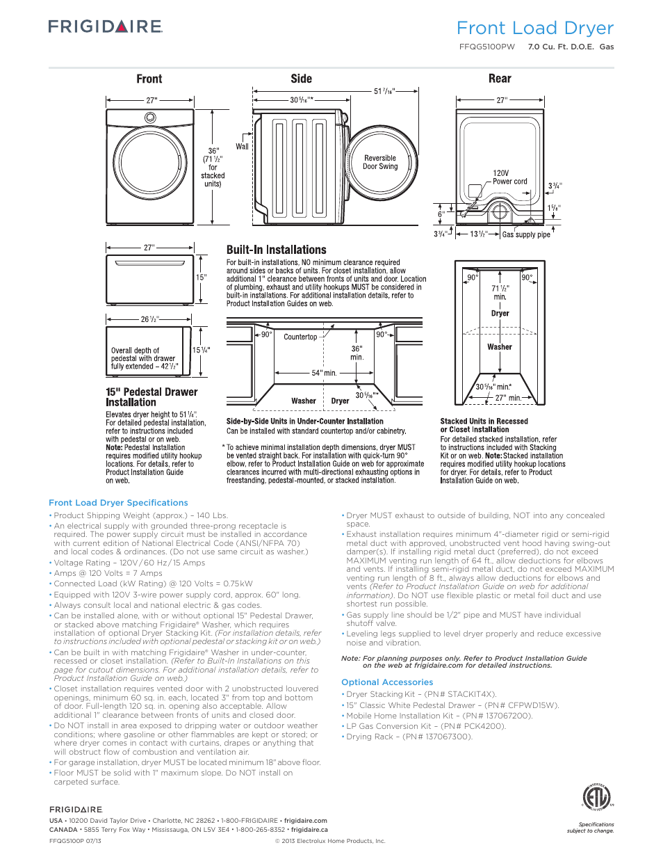 Front load dryer | FRIGIDAIRE FFQG5100PW User Manual | Page 3 / 3