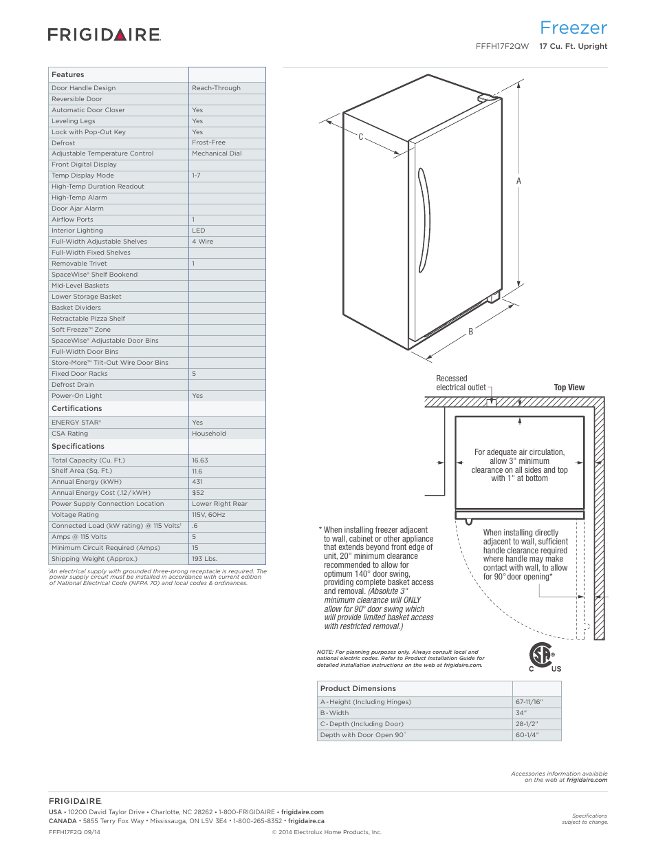 Freezer | FRIGIDAIRE FFFH17F2QW User Manual | Page 2 / 3