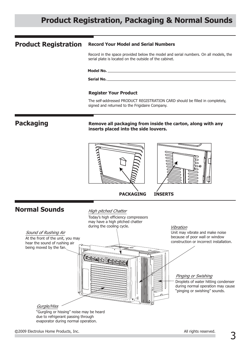 Product registration, packaging & normal sounds, Packaging normal sounds, Product registration | FRIGIDAIRE FRA054XT7 User Manual | Page 3 / 10