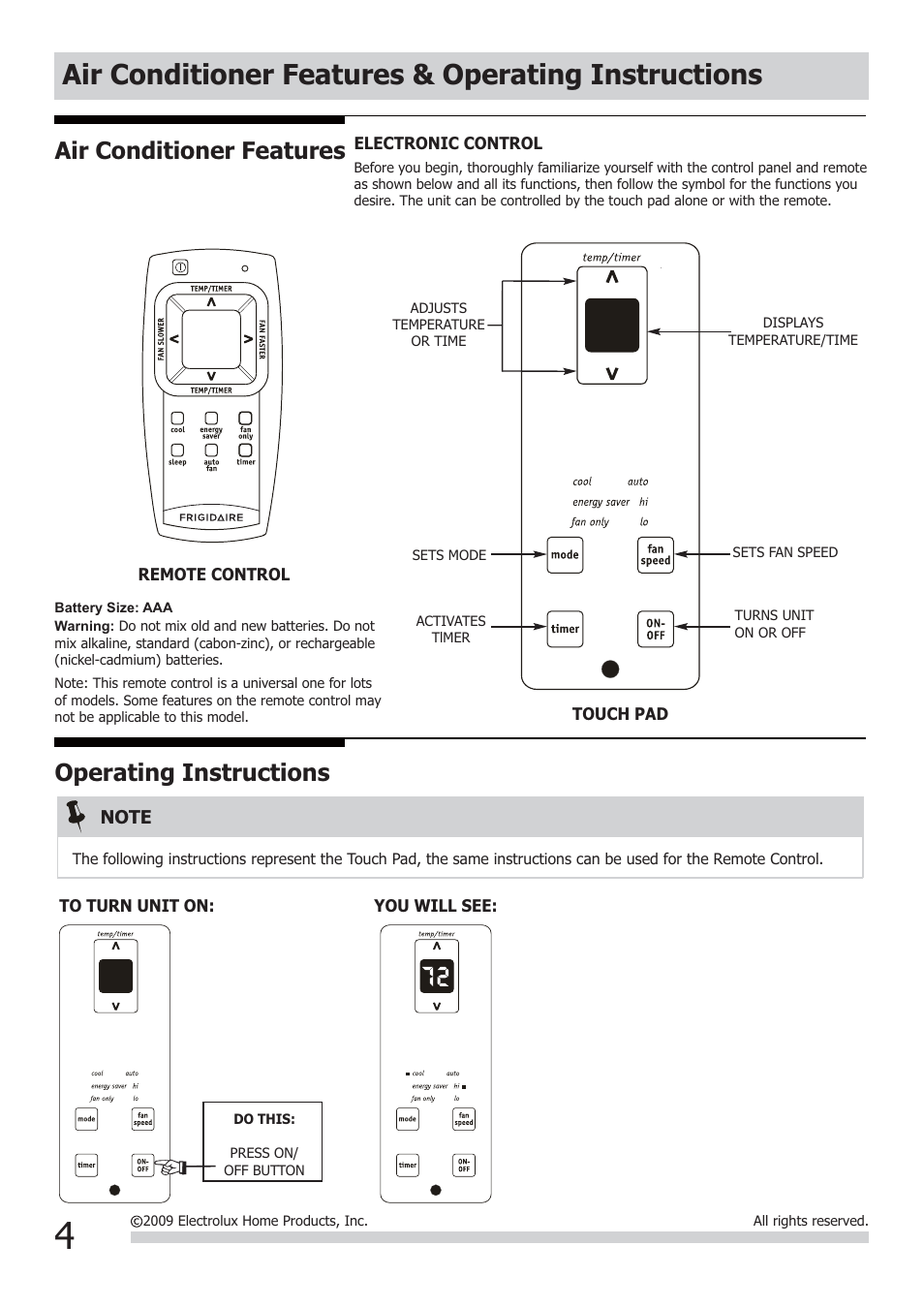 Air conditioner features & operating instructions, Air conditioner features, Operating instructions | FRIGIDAIRE FRA054XT7 User Manual | Page 4 / 10