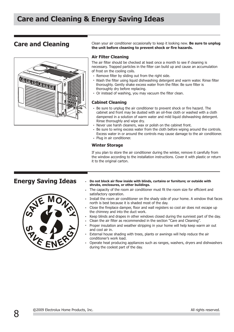 Care and cleaning & energy saving ideas, Energy saving ideas, Care and cleaning | FRIGIDAIRE FRA054XT7 User Manual | Page 8 / 10