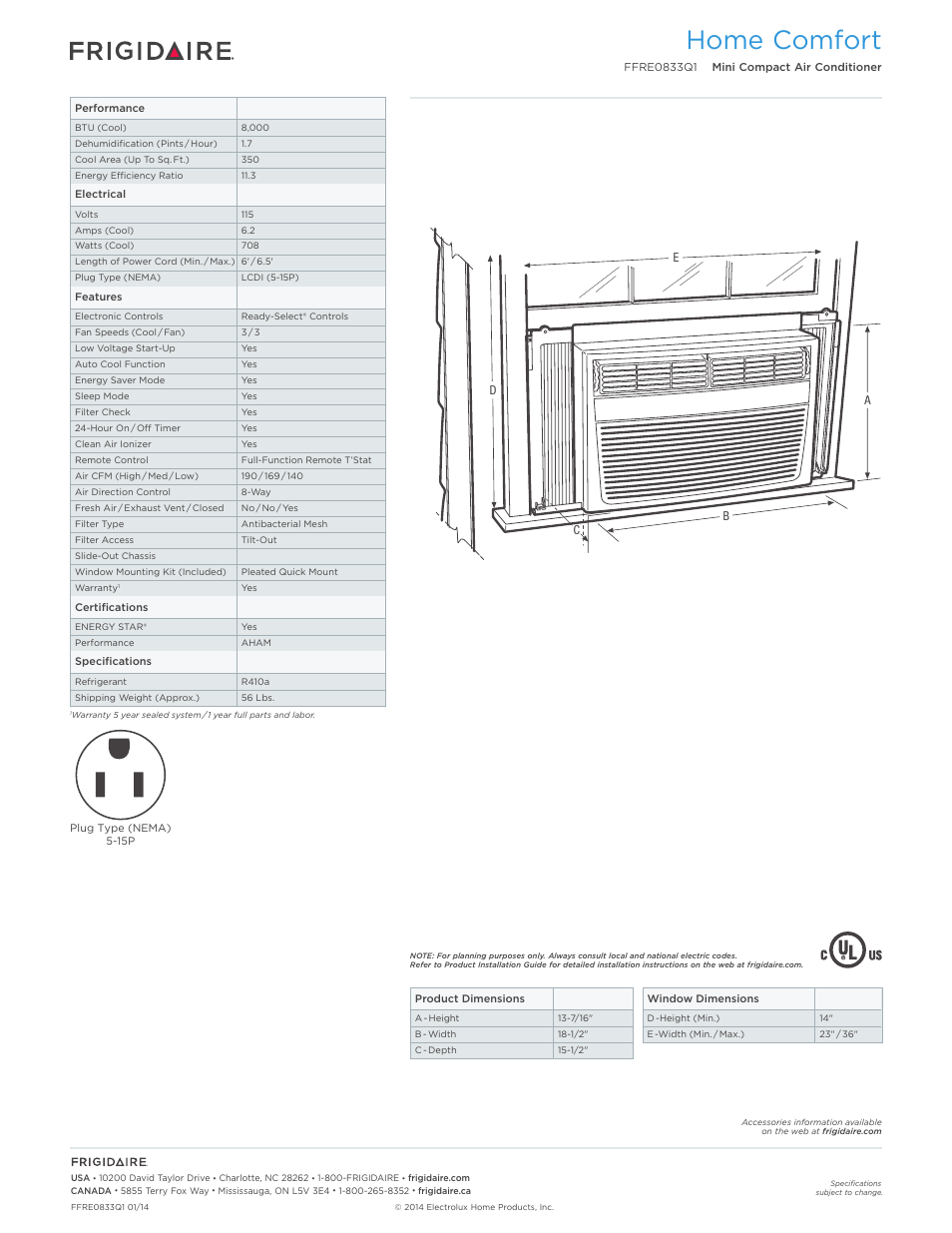 Rac compact models_window frigidaire baseline, Home comfort | FRIGIDAIRE FFRE0833Q1 User Manual | Page 2 / 2