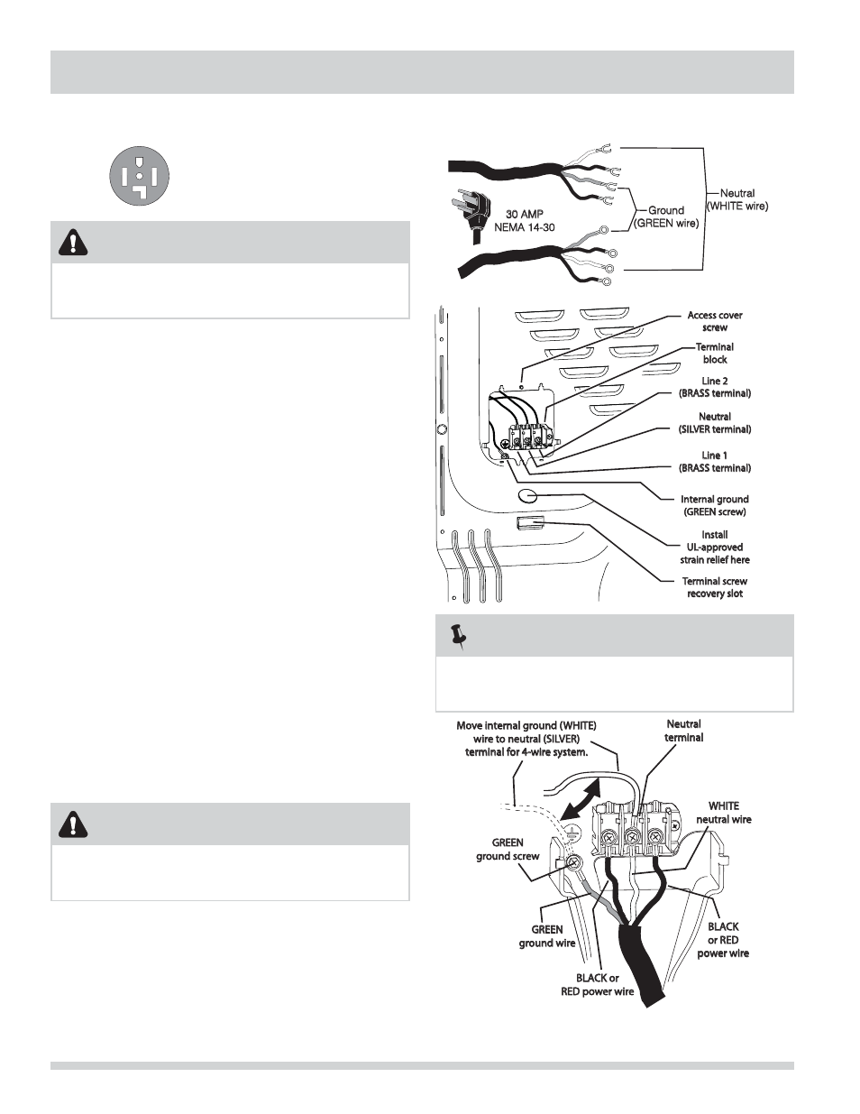 Installation instructions, Electrical connection (non-canada) - 4 wire cord, Warning | Wire receptacle (nema type 14-30r) | FRIGIDAIRE FAQG7001LW User Manual | Page 16 / 68