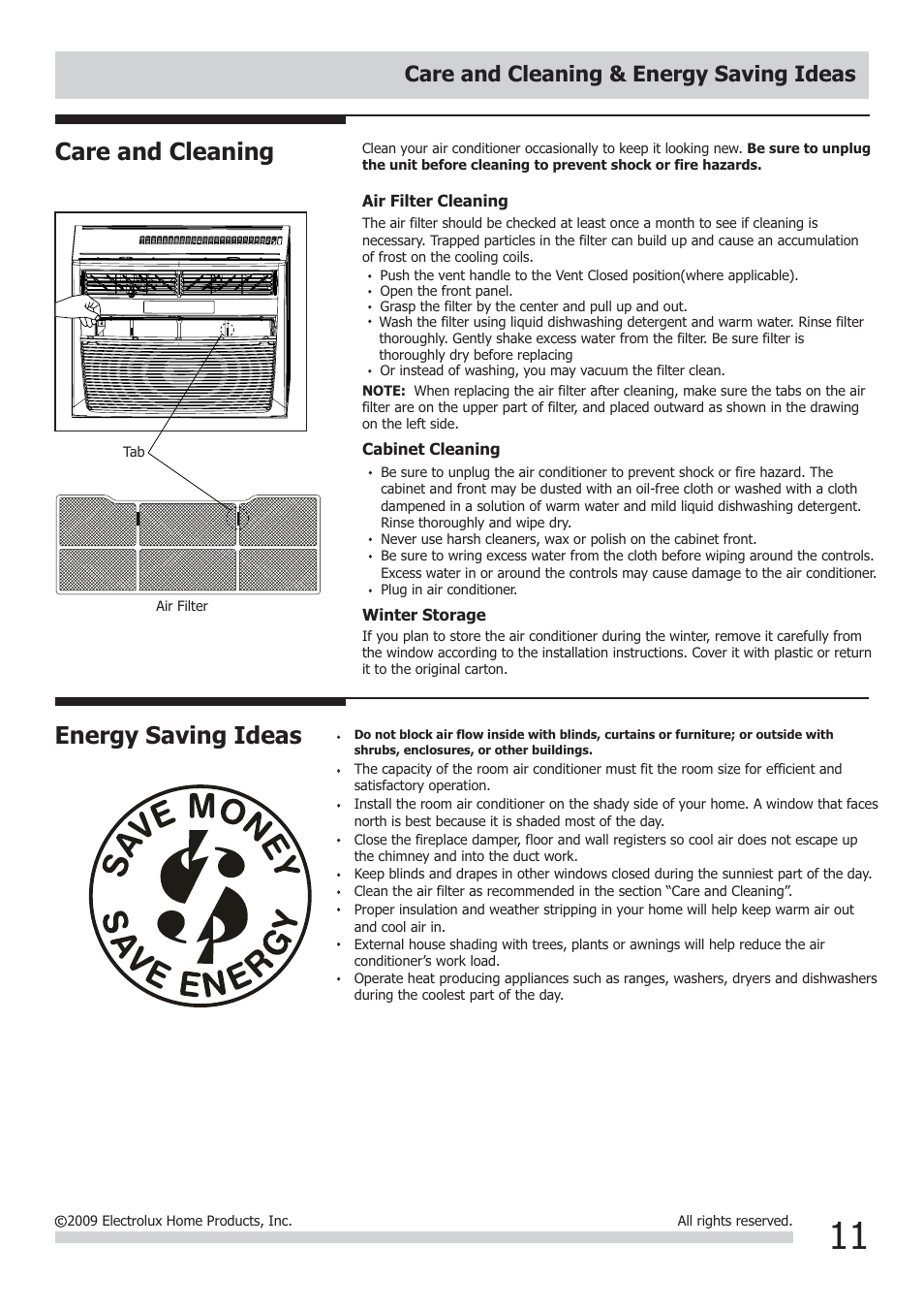 Energy saving ideas, Care and cleaning, Care and cleaning & energy saving ideas | FRIGIDAIRE FRA106CV1 User Manual | Page 11 / 13