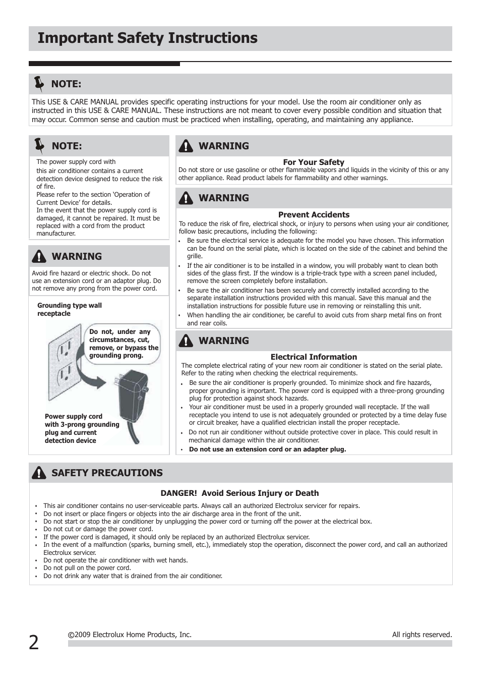 Important safety instructions, Warning, Safety precautions | FRIGIDAIRE FRA106CV1 User Manual | Page 2 / 13