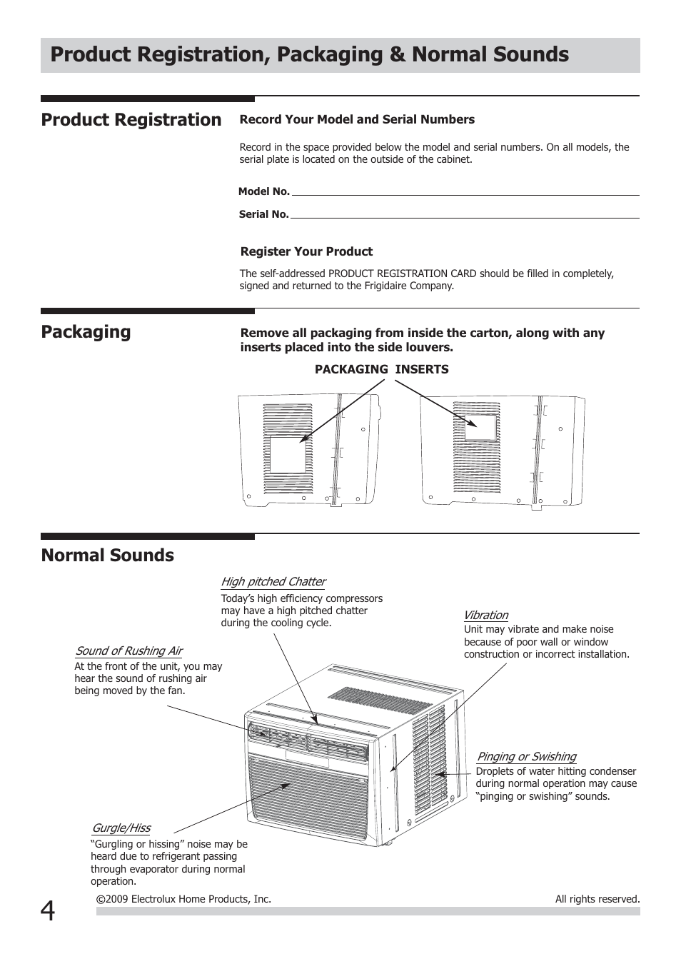 Product registration, packaging & normal sounds, Normal sounds, Product registration | Packaging | FRIGIDAIRE FRA106CV1 User Manual | Page 4 / 13