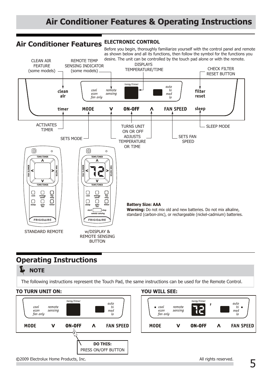 Air conditioner features & operating instructions, Air conditioner features, Operating instructions | FRIGIDAIRE FRA106CV1 User Manual | Page 5 / 13