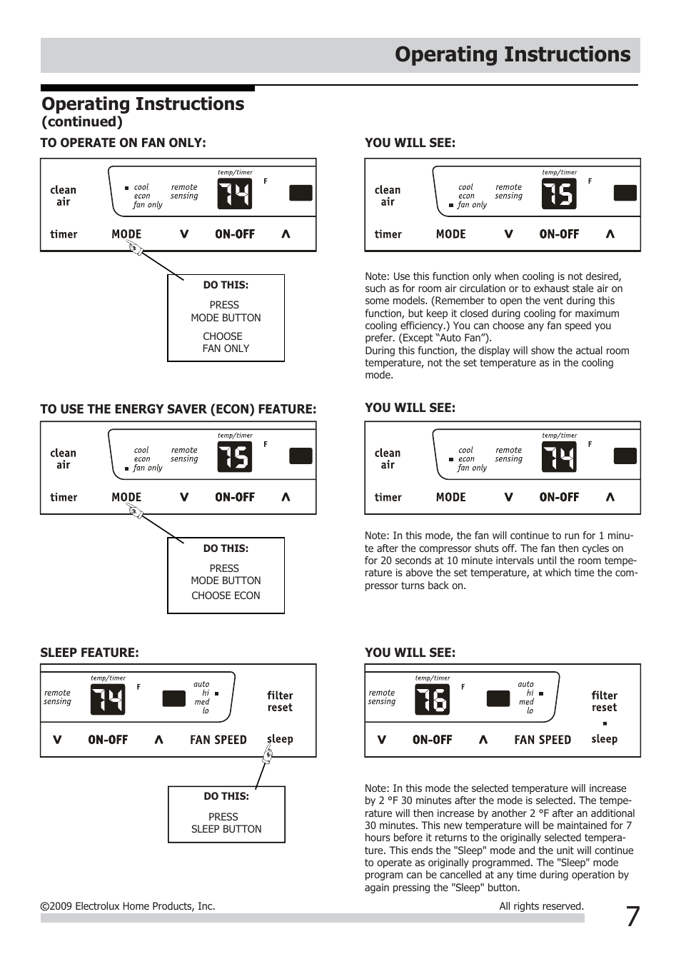 Operating instructions | FRIGIDAIRE FRA106CV1 User Manual | Page 7 / 13