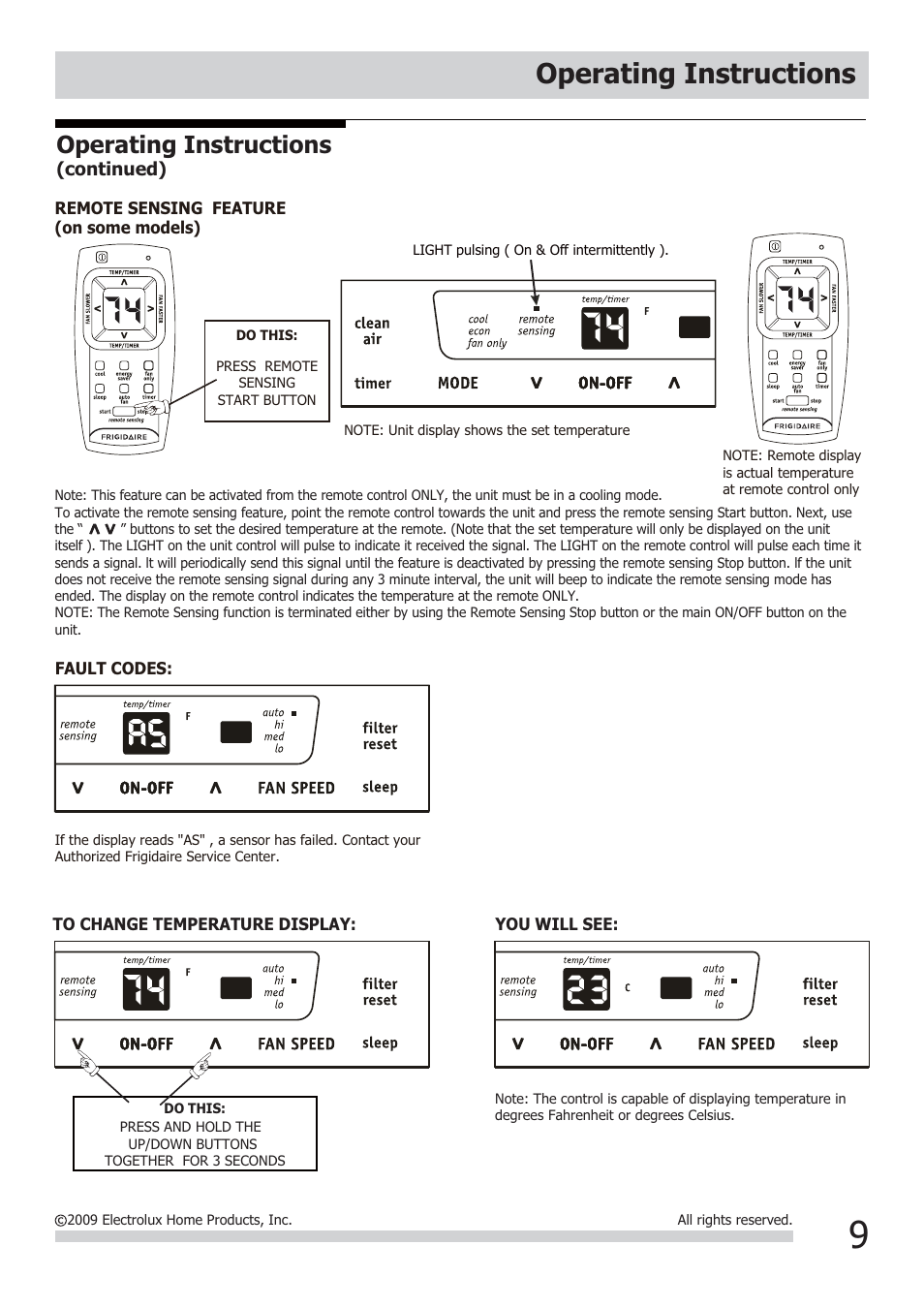 Operating instructions | FRIGIDAIRE FRA106CV1 User Manual | Page 9 / 13