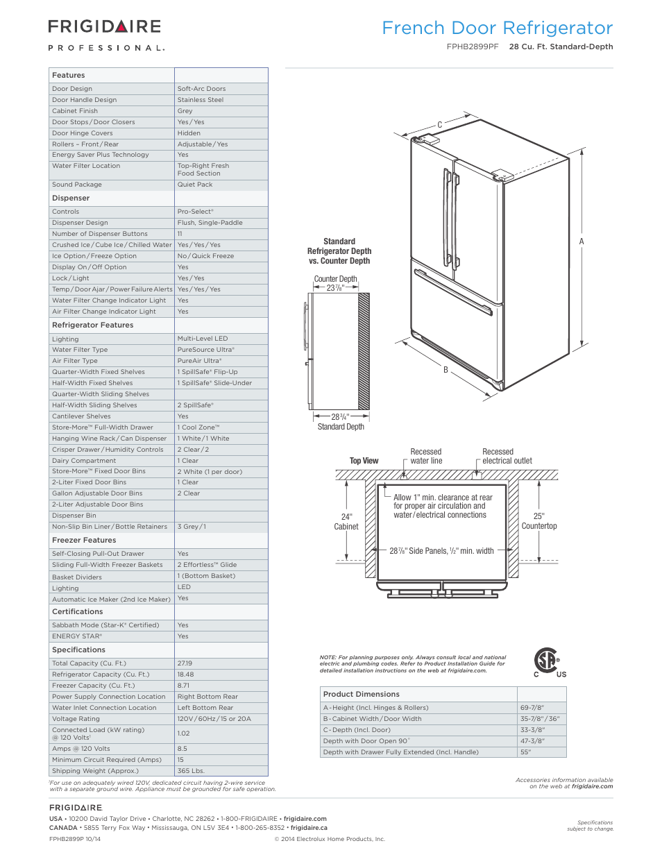 French door refrigerator | FRIGIDAIRE FPHB2899PF User Manual | Page 2 / 4