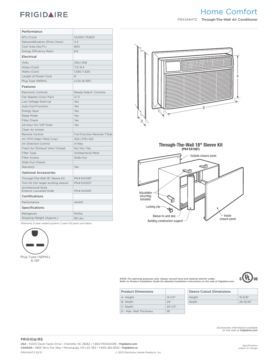 Rac through-the-wall models frigidaire baseline, Home comfort | FRIGIDAIRE FRA144HT2 User Manual | Page 2 / 3