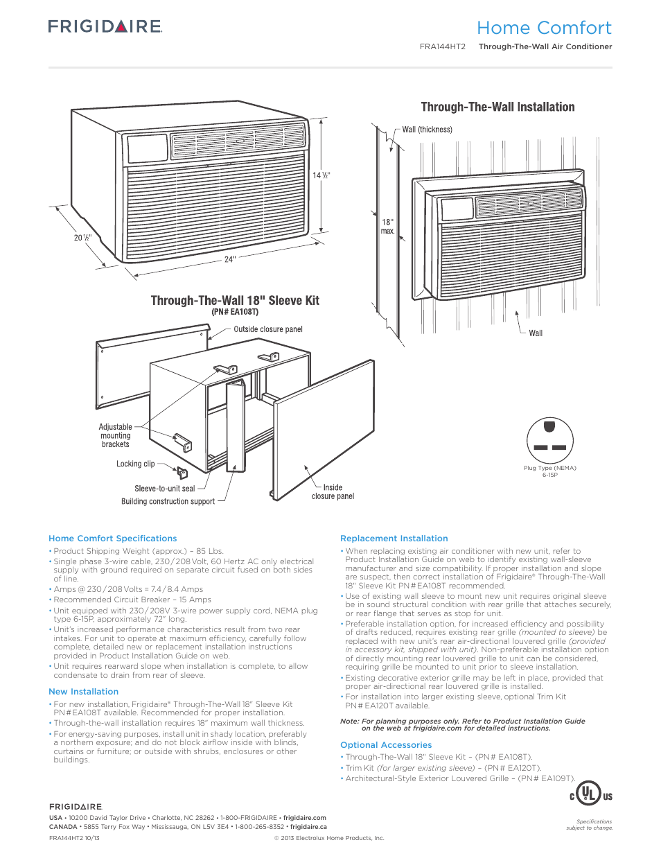 Rac through-the-wall models frigidaire baseline, Home comfort | FRIGIDAIRE FRA144HT2 User Manual | Page 3 / 3