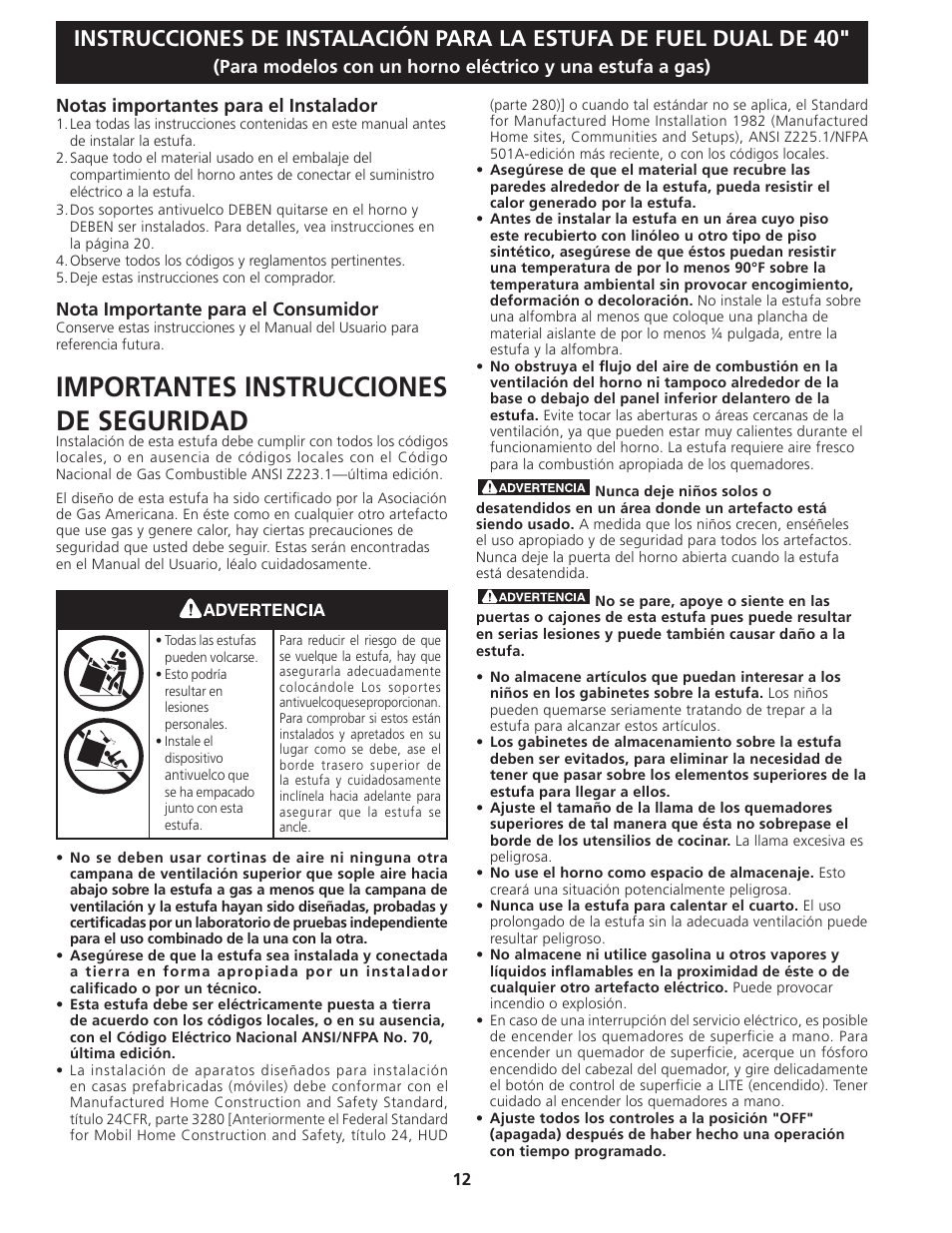 Importantes instrucciones de seguridad, Nota importante para el consumidor | FRIGIDAIRE FPDF4085KF User Manual | Page 12 / 24