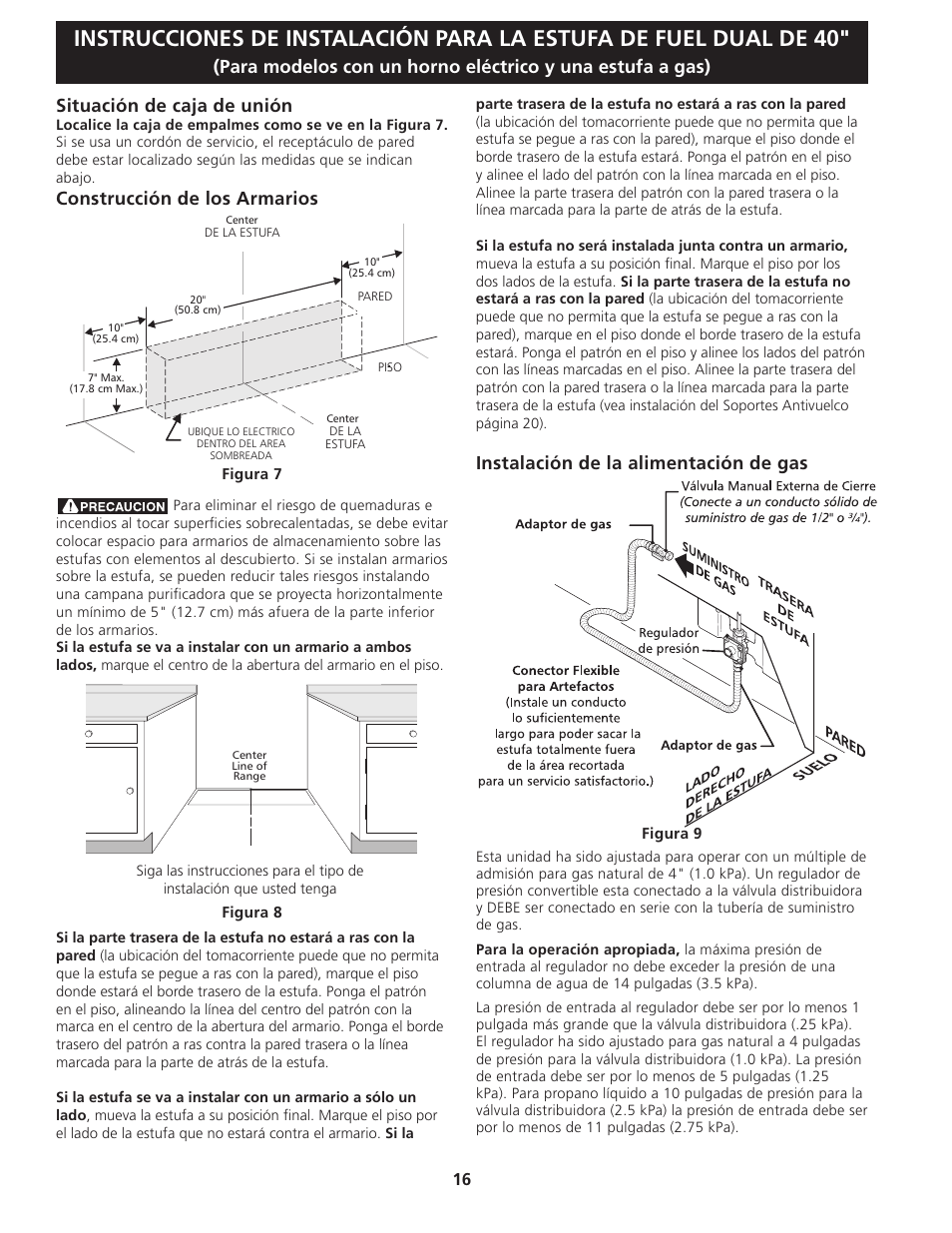 Construcción de los armarios, Instalación de la alimentación de gas | FRIGIDAIRE FPDF4085KF User Manual | Page 16 / 24